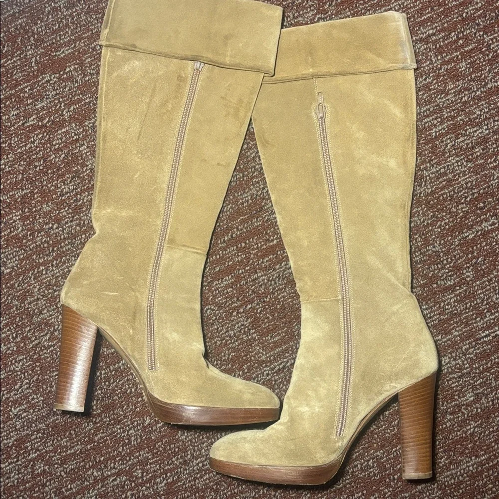 Fornarina light Tan Suede Knee-High Boots fold over top slouchy wooden heel boot